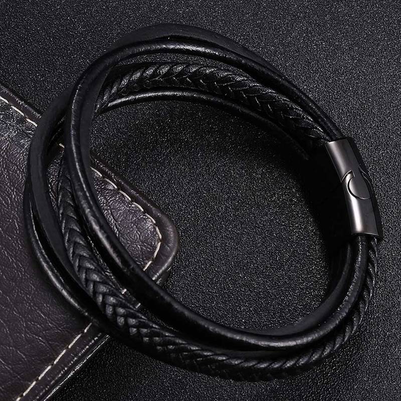 Punk Stainless Steel Multilayer Bracelets Genuine Leather Bracelet & Bangles For Men Jewelry Black Color Fashion Gift BB1002
