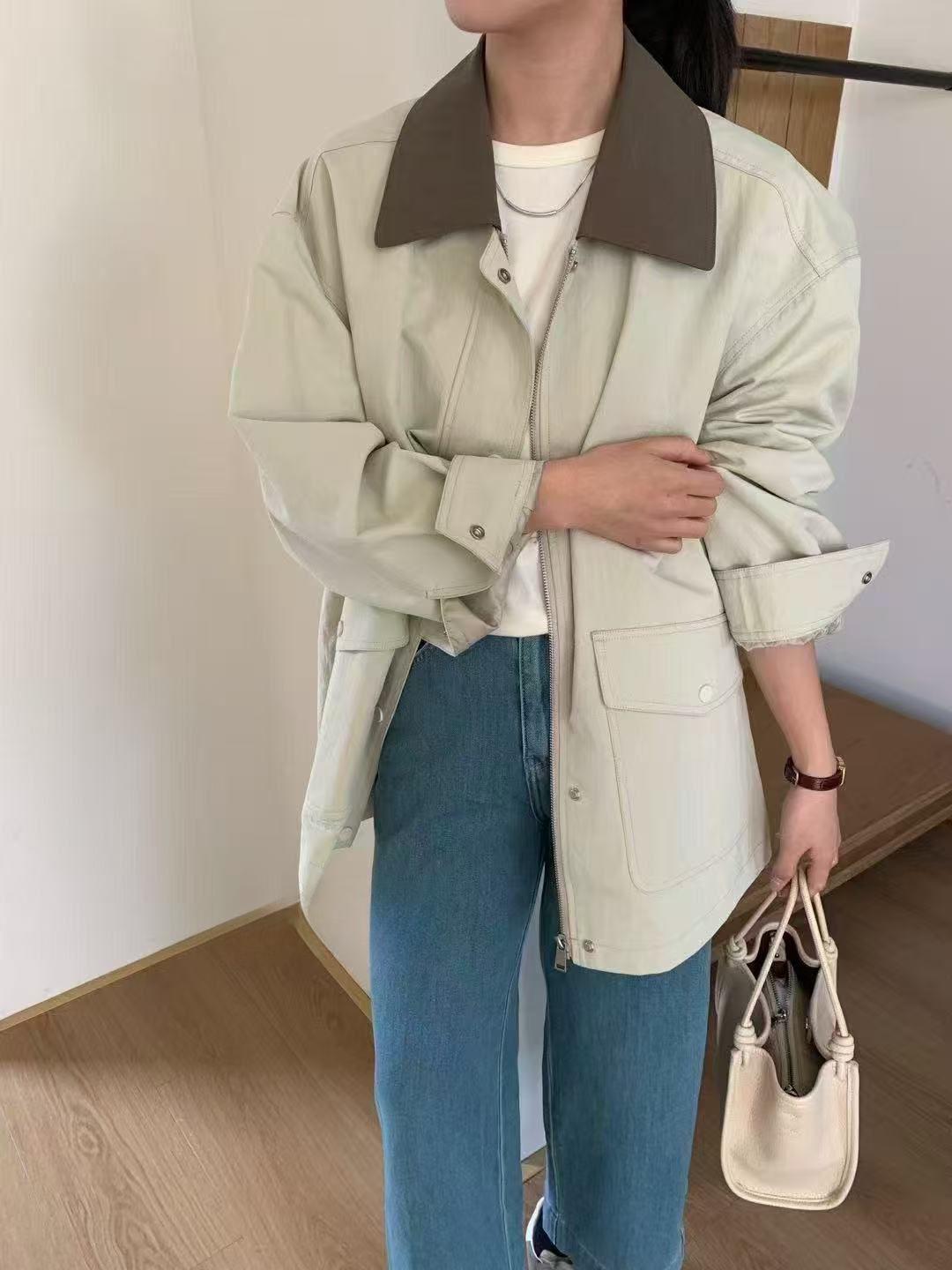 

Европейское весеннее пальто-тренч в корейском стиле с цветными блоками, лацканами и большими карманами для женщин L