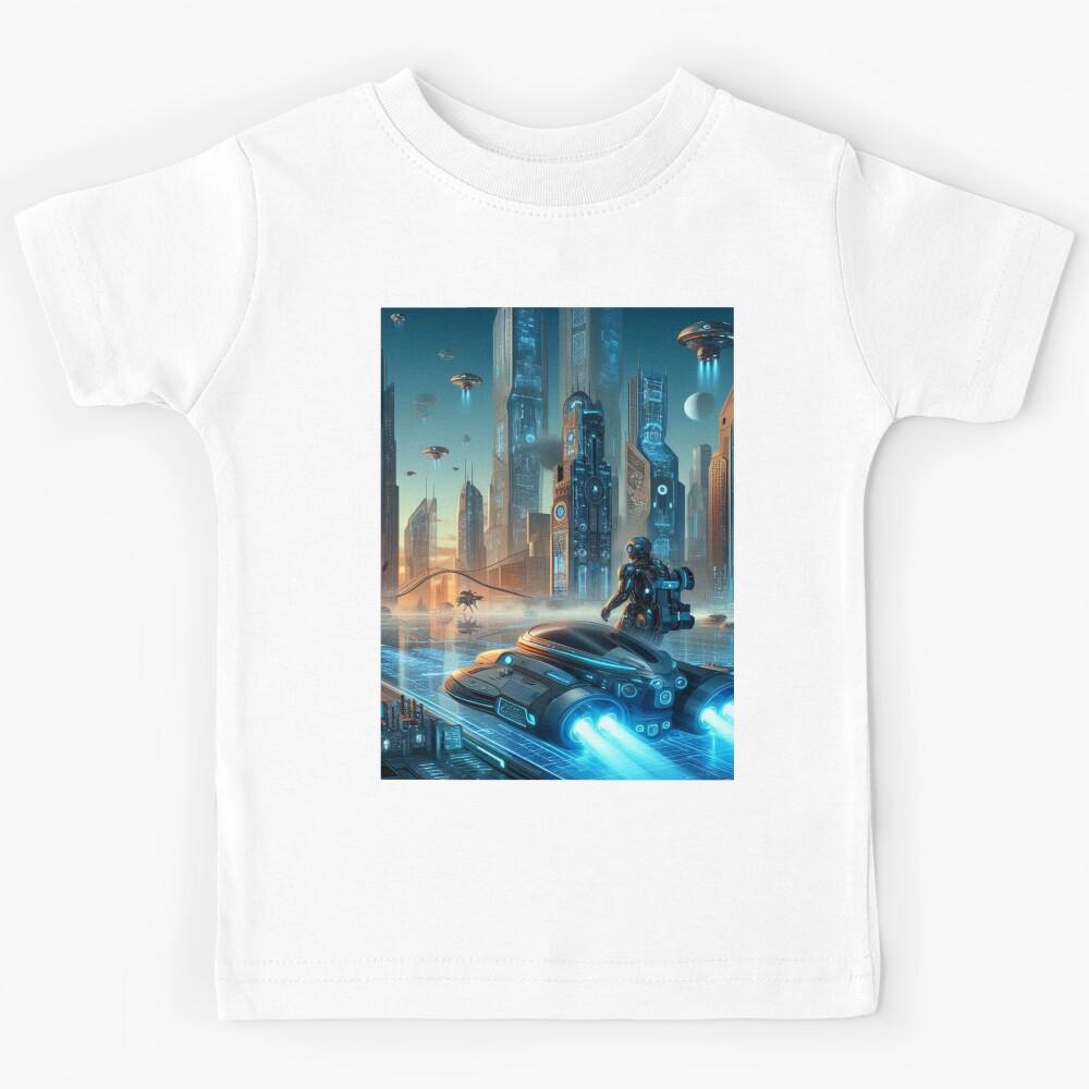 futuristic scene with skyscrapers, hovercrafts and robots Kids T-Shirt 160