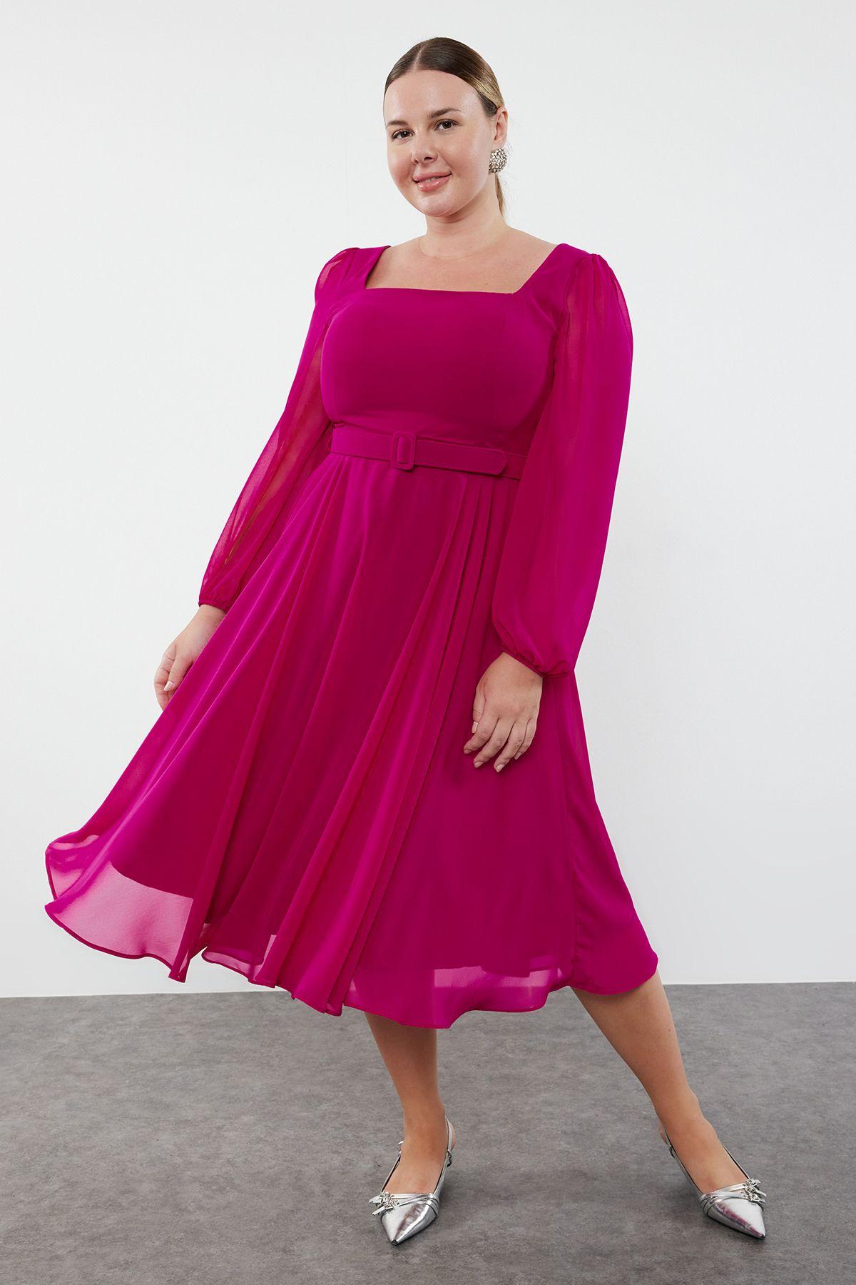 

Women s Plus Size Dress Plum Belted Square Neck Long Balloon Sleeve Chiffon A-Line Plus Size Evening Dress 3XL