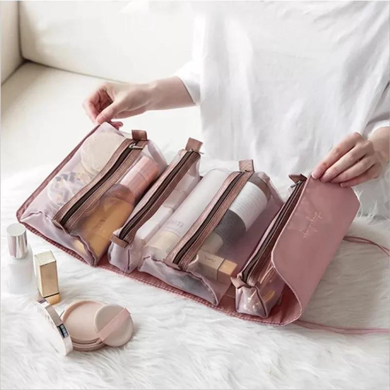 4 In 1 Makeup Bag Mesh Cosmetic Case for Women Portable Travel Toiletries Organizer Beauty Zipper Brushes Lipstick Storage Bag