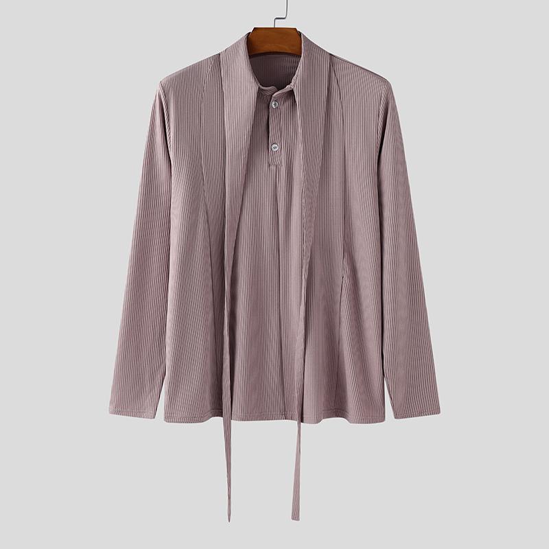 INCERUN Men Lapel Neck Long Sleeve Button Rib Texture Casual Tops T-shirts