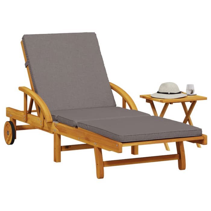 VidaXL Chaise longue avec coussin et table bois d'acacia massif, lit de bronzage, chaise longue d'extérieur, lit de jour 3206363