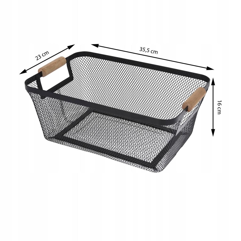 Koszyk do przechowywania metalowy czarny drewniane uchwyty 35,5x23x16cm
