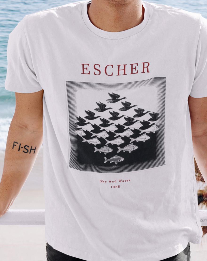 Escher T Shirt Mens Womens Tees Top | Sky And Water | Art T Shirt Mens Womens Tees Top | Unisex Premium Cotton L