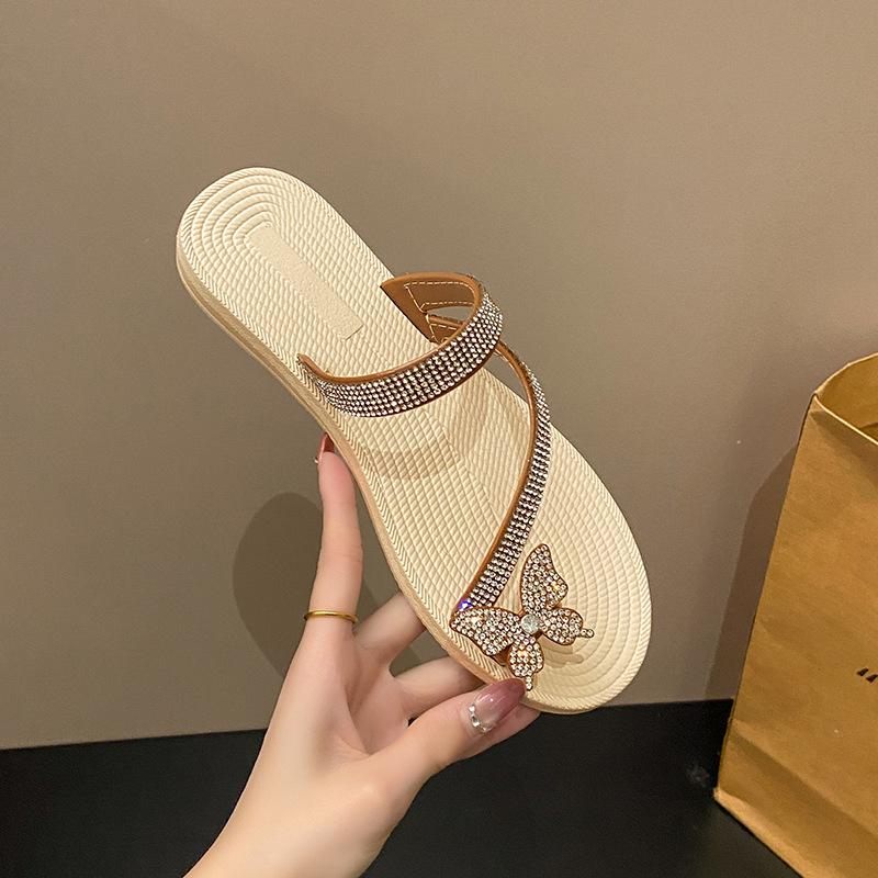Schleifenslipper Damen Sommerbekleidung Flash-Diamant vielseitig flacher Boden rutschfest verschleißfest Schulmädchen-Mode Strandsandalen