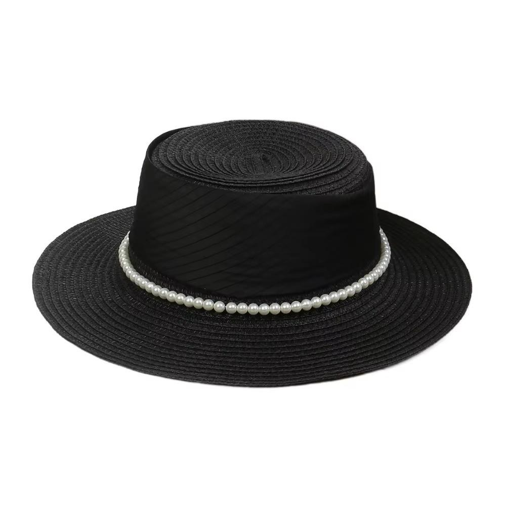 French Hepburn Style Straw Hat Straw Weaving UV Protection Pearl Chain Hat Breathable Solid Color Flat Sun Hat Travel Accessory