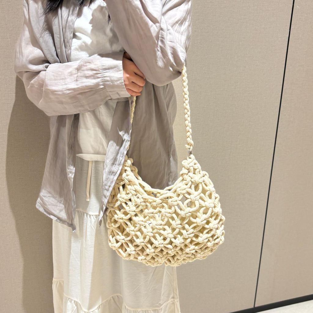 Summer Chic Solid Color Mesh Handbag Hollow Out Knitted Shoulder Bag Beach Tote Bag for Women