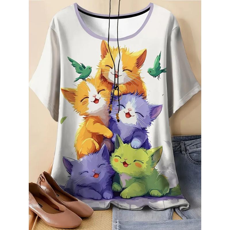 Fashion Women's Crew Neck Short Sleeve 3D Animal Color Printing Animal Short Sleeve Crew Neck T-Shirt