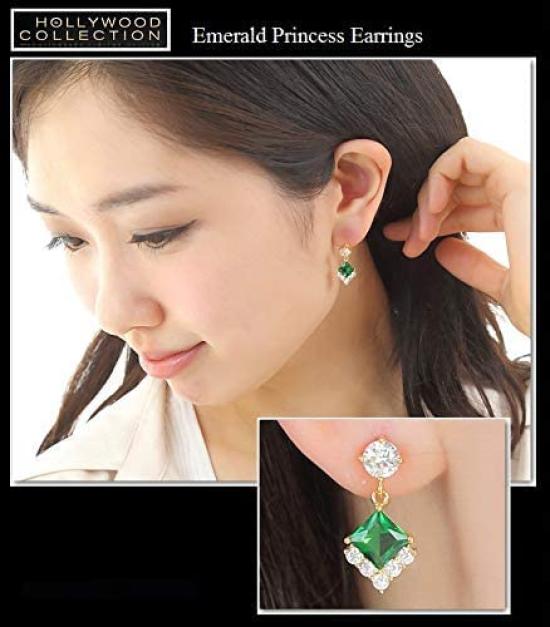 Emerald Green 18K Gold Princess Dangle Hollywood Celebrity Jewelry Earrings, 18KGP,