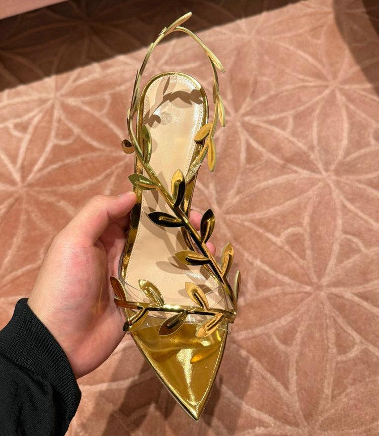 Fashion New Summer European Style High Heels Pointed Head Gold Leaf Sexy All Matching Slim Heel One Line With Comfortable Sandals