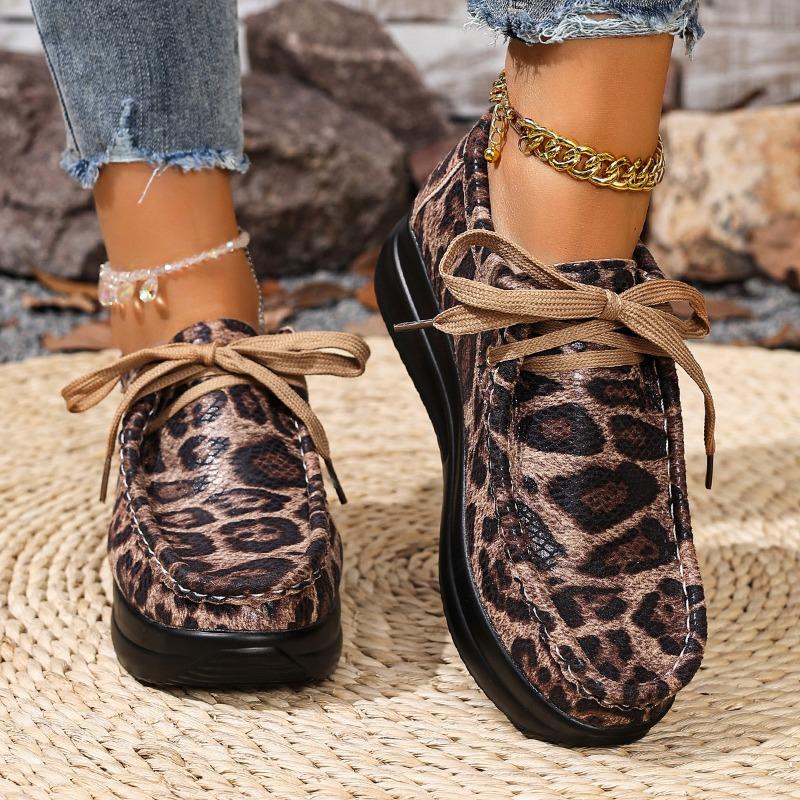 Large Size Leopard Print Light Mouth Lace-up Casual Single Shoes Women's Thick-soled Printing Foot Cover Lazy Fashion Sports Muffin Shoes