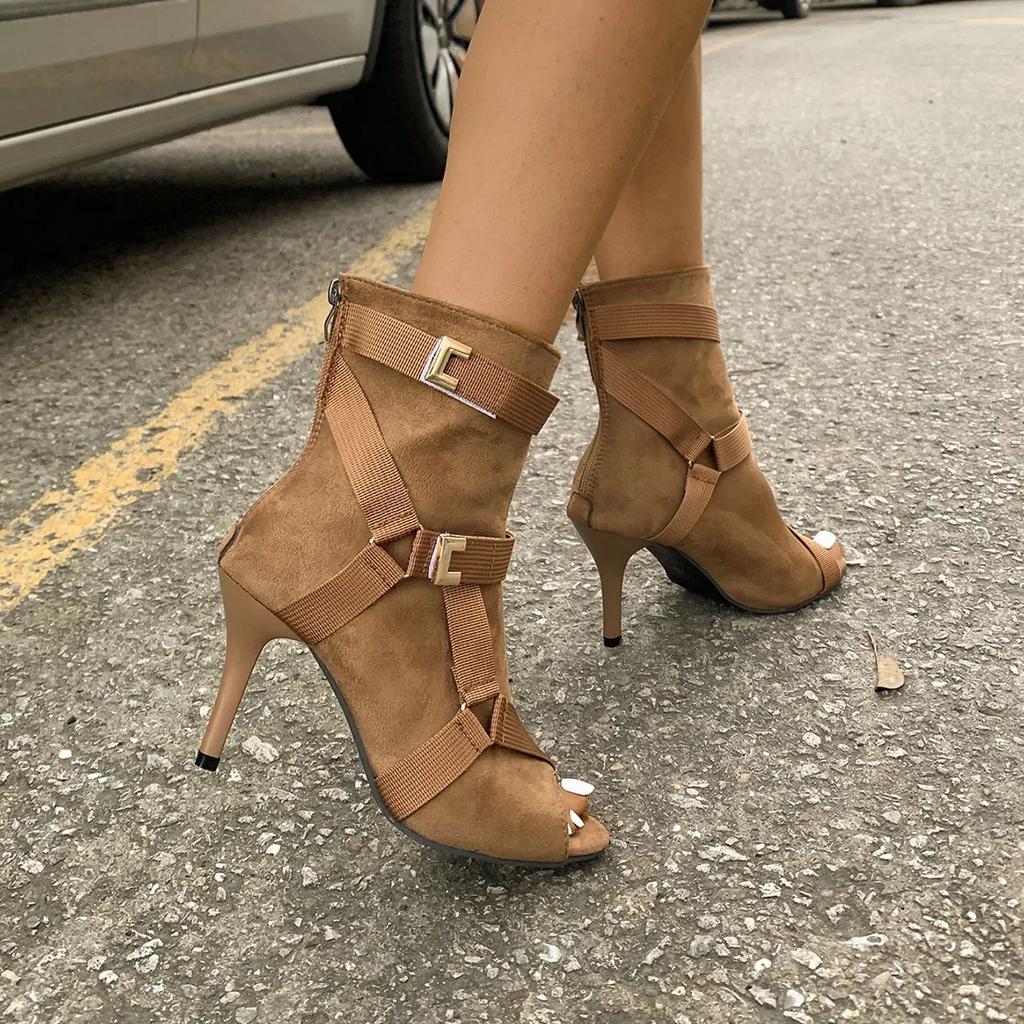 Fashion Buckle Strap Round Peep Toe Women Ankle Boots ArmyGreen Cross Strap Thin Heels Spring Autumn Modern Short Booties
