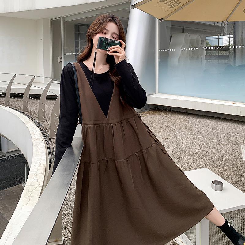 Khaki Faux Two-Piece Spliced A-Line Dress - Women's Mid-Length Spring 2025 French Sweet Style Pinafore Dress