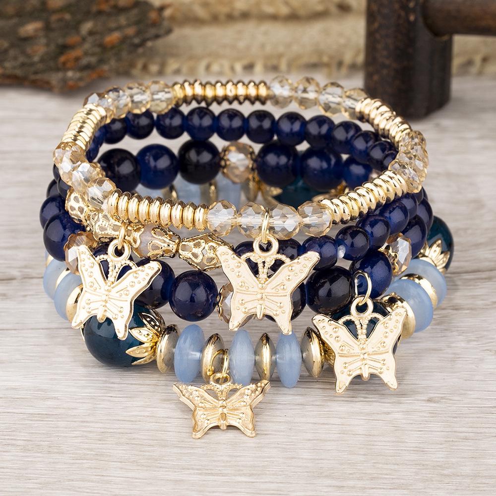 Bohemian Multi-layer Crystal Beaded Butterfly Pendant Stacking Bracelet