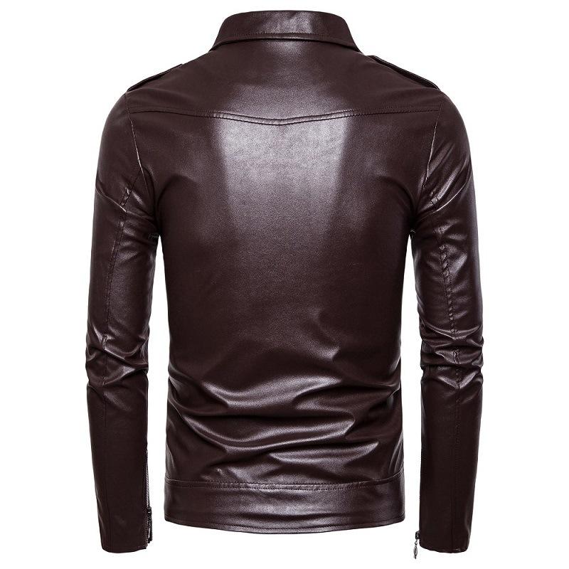 Men Long Sleeved Leather Jacket Pure Color Fashion Men's Diagonal Zipper Sports Casual Jacket