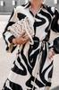 2023 European & American Style Printed Shirt Dress with Pockets - Casual Autumn Long Skirt with Tie