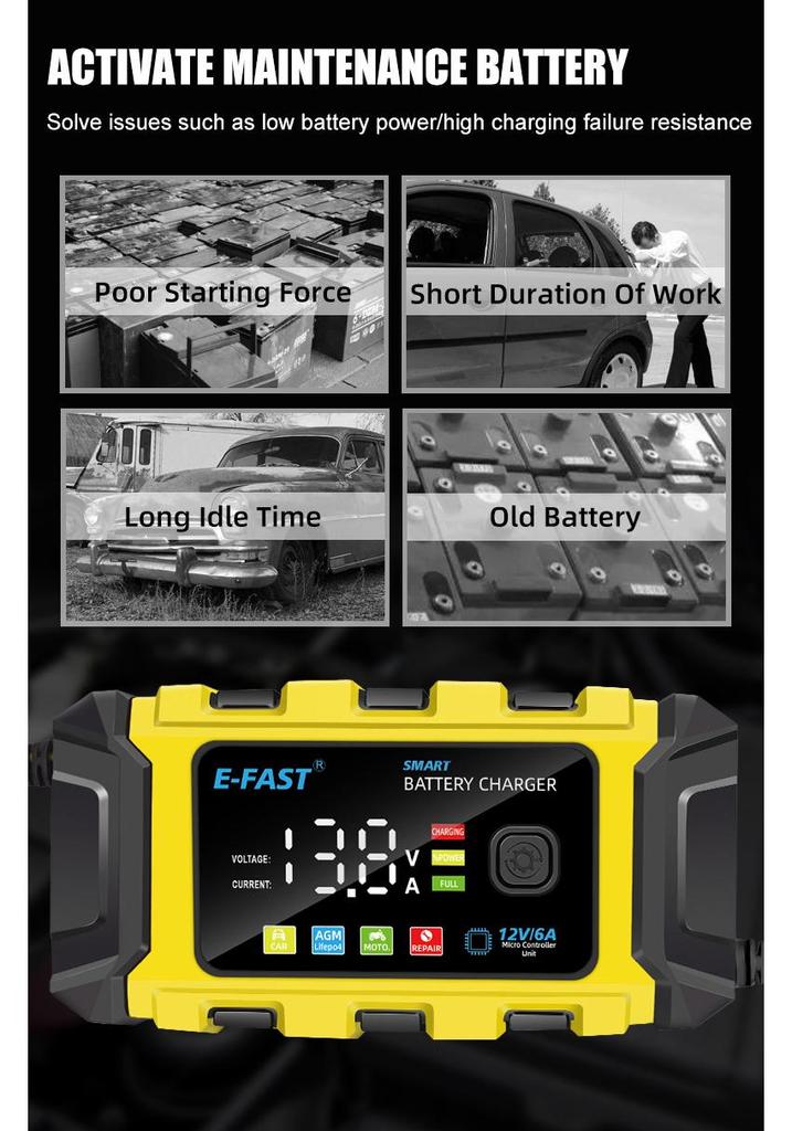 E-FAST 12V Lithium & Lead-Acid Car/Motorcycle Battery Charger with Color Screen