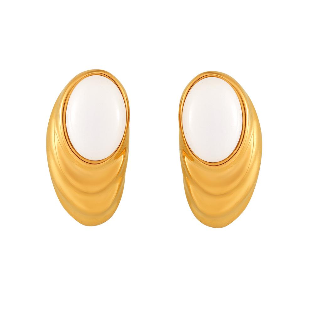 French Oval Water Ripple White Stone Stud Earrings, Stainless Steel PVD Electroplated
