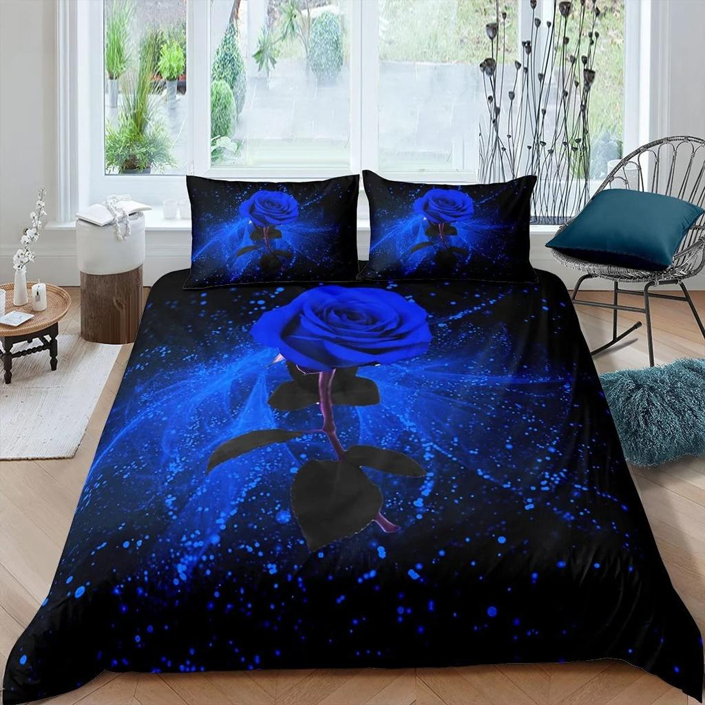 Blue Rose Floral King Queen Duvet Cover 3D Blossom Flowers Bedding Set Valentine's Day Quilt Cover Botanical Comforter Cover
