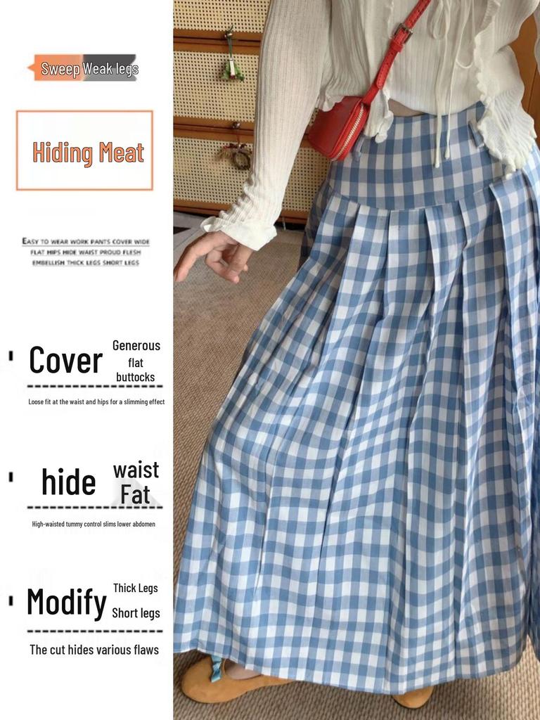 Plus Size American Plaid A-line Pleated Midi Skirt for Women - Autumn College Style