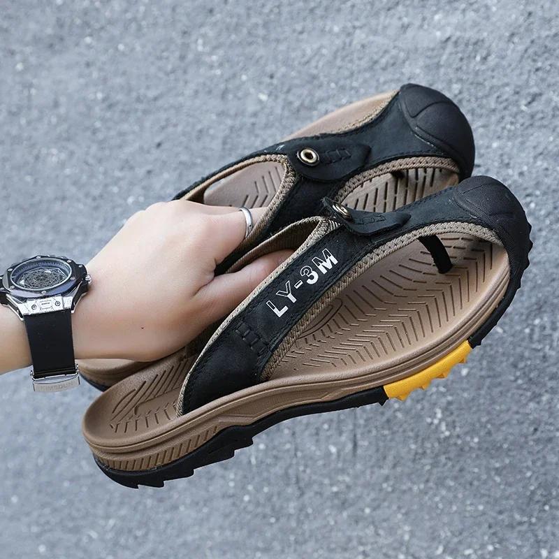 Genuine Cow Leather Men Beach Slippers Outdoor Anti-slip Mens Flip Flops Summer Men Walking Shoes Comfortable Male Casual Shoes