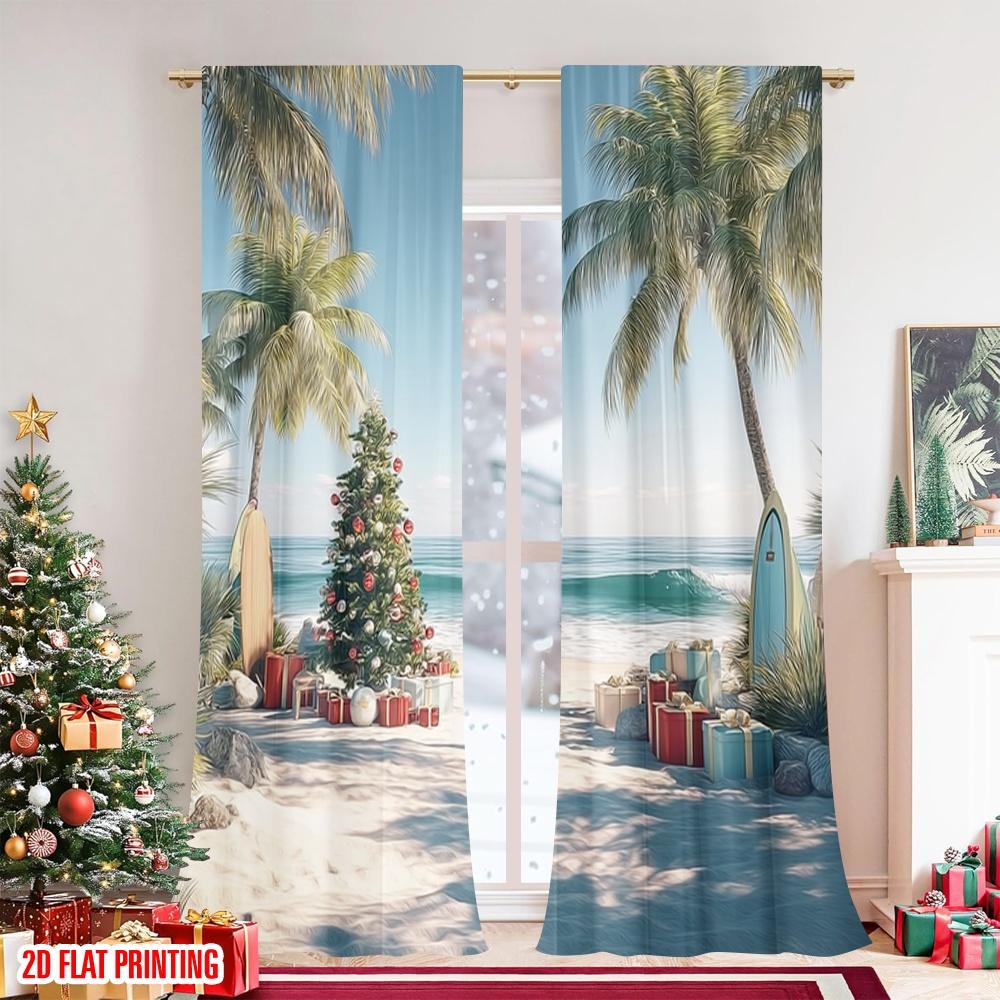 Set Of 2 Flat Printing Merry Christmas Drapes Beach Tree Surfboard Gifts Polyester Without Electricity Spring Use Curtain