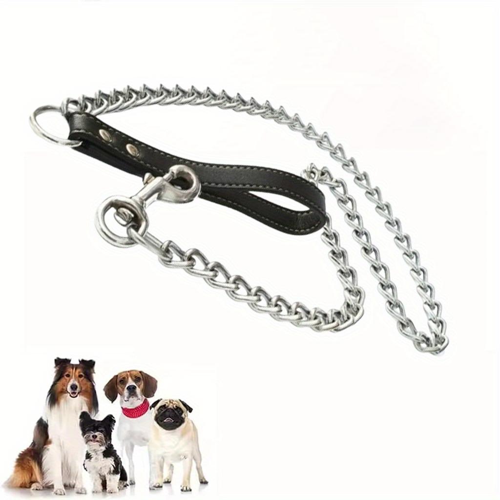 Heavy-Duty Dog Chain Leash 120cm Durable Leather Handle Chew-Resistant Metal Link Ideal for Large Breeds Pet Training & Walking