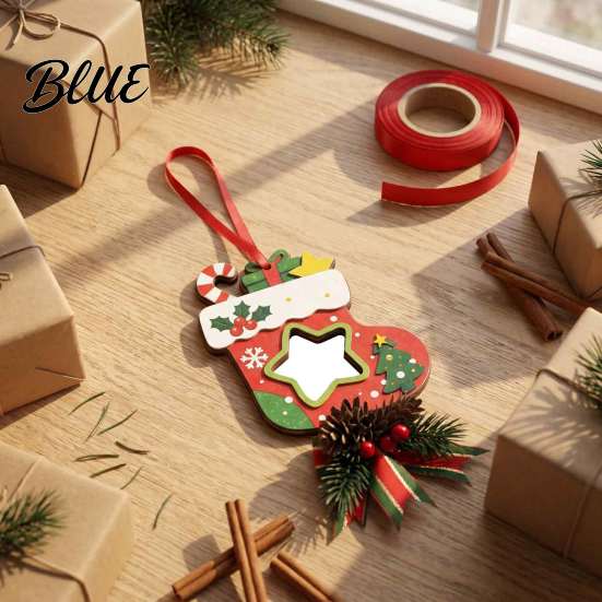 Handmade Wooden Ornaments Christmas Tree Ornaments, 2D Stocking House Shaped Photo Frame Hanging Personalized Frames Decor, Xmas Ornament for