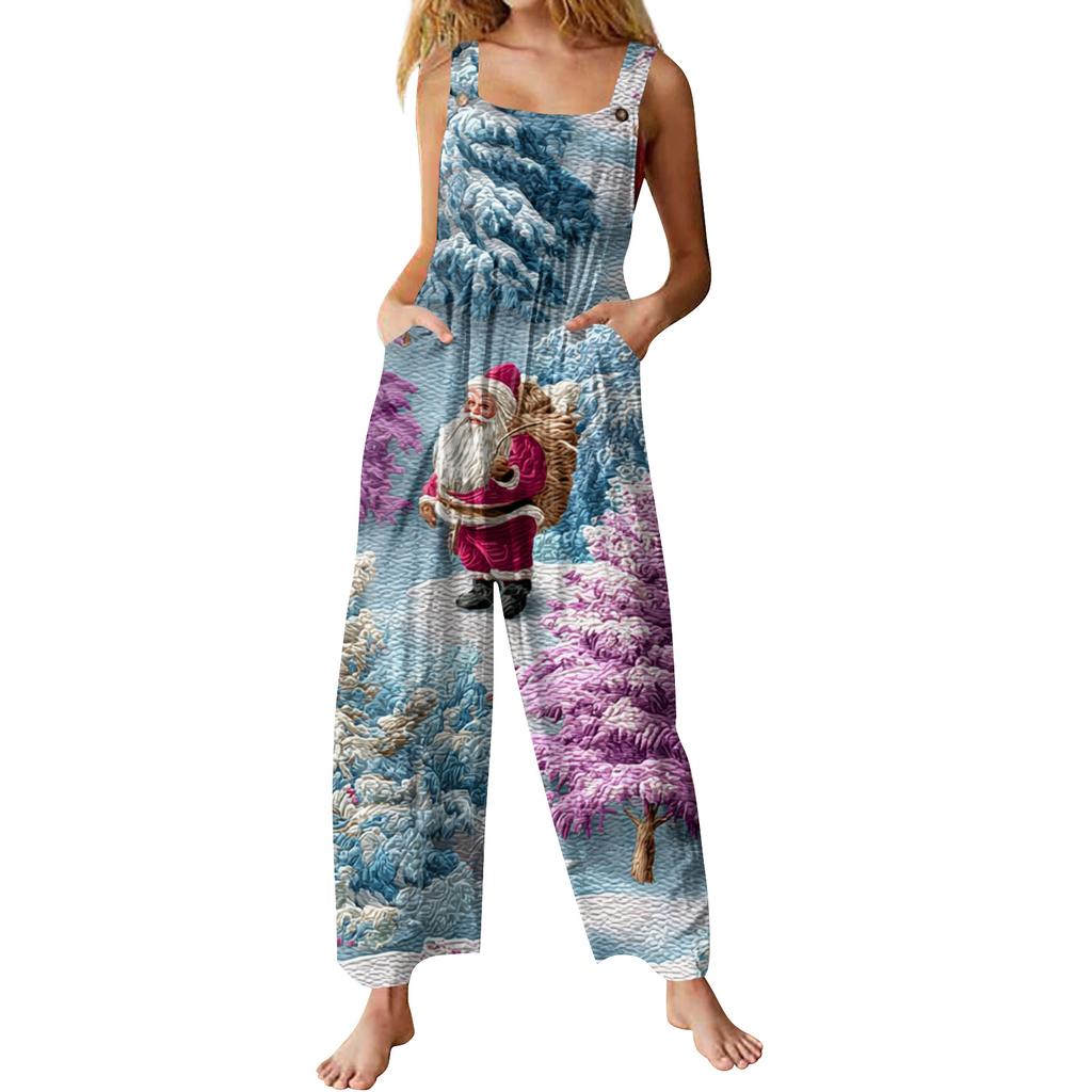 Womens Casual Overalls Jumpsuits Adjustable Straps Sleeveless Print Comfy Rompers With Pocket