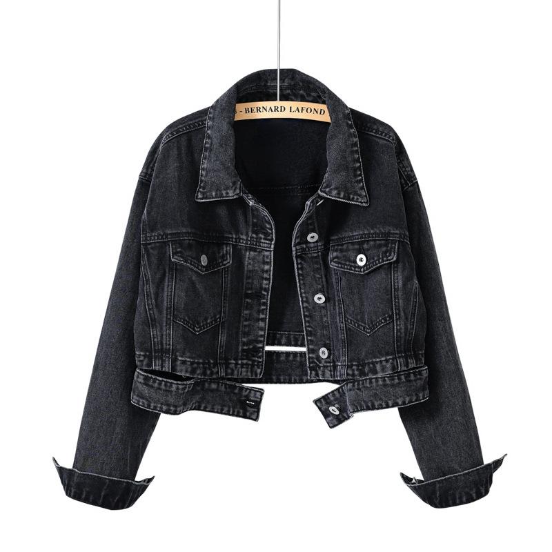 Chic Retro Black Denim Jacket for Women - Hong Kong Style, High Waist, Short, Perfect for Spring & Autumn