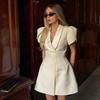 LYRIA Women Elegant Short Sleeve High Waist A-line Dresses Fashion One Button Bodycon Mini Dress New Lady Street Party Vestidos