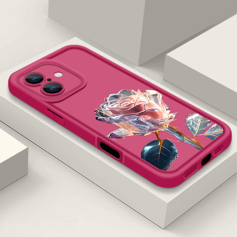 Pink Crystal Rose Pattern Shockproof Phone Case for iPhone 16 15 14 Plus 13 12 11 Pro Max Xs Xr 8 7 Matte Tpu Soft Lens Protection Anti-Fall Cover