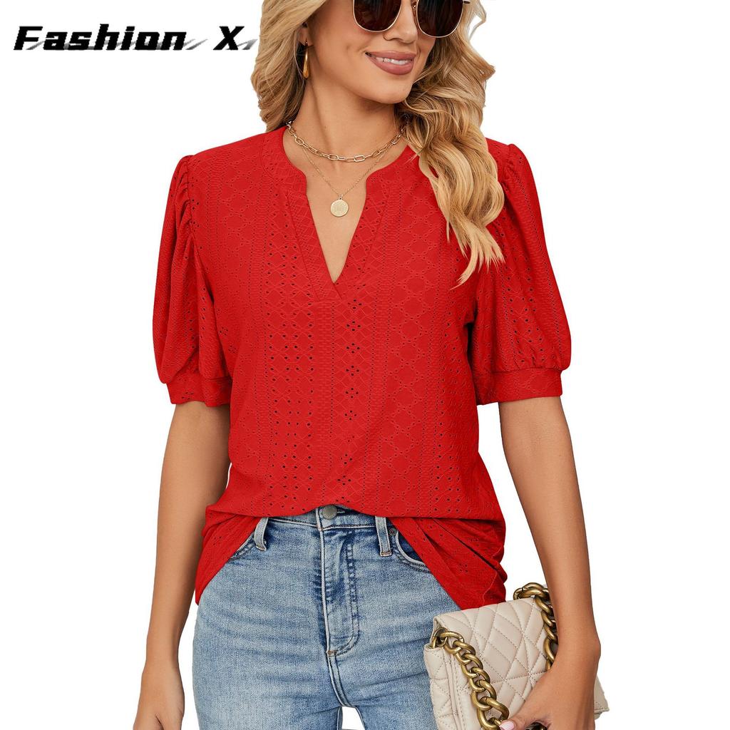 Europe and The United States 2024 Summer Casual V-neck Solid Color Hollow Bubble Sleeve Loose T-shirt Blouse Female