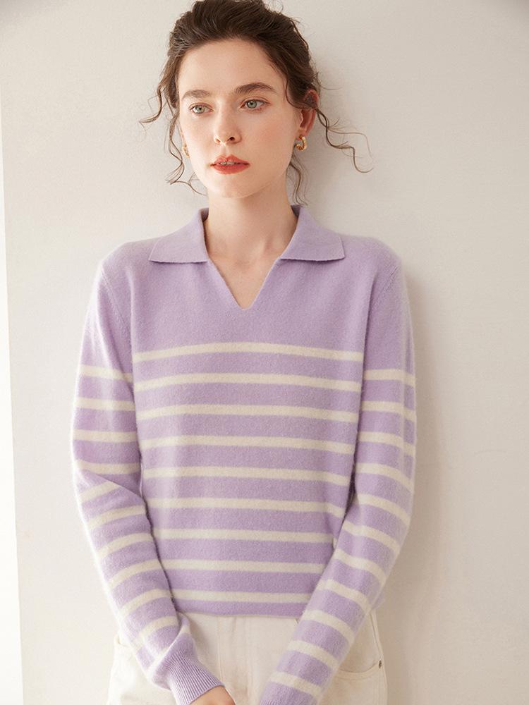Women's Fashionable Striped Cashmere Knit Base Layer Top - Long Sleeve, Polo Collar, Soft, and Skin-Friendly.