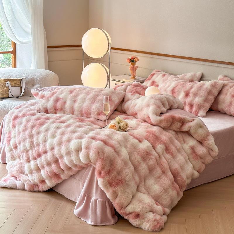 Plush Bed Four-piece Set, Plush Thickened Double-sided Milk Plush Thermal Bed Sheet, Quilt Cover, Pillowcase Three-piece Set