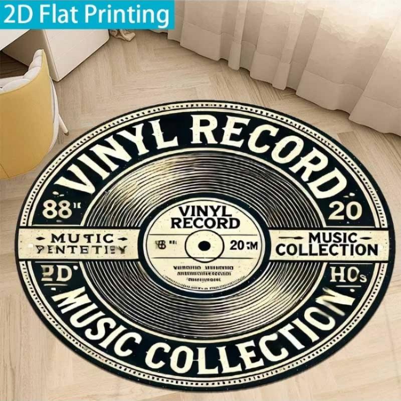 Vintage Verweerd Zwart Beige Vinyl Plaat Rond Tapijt, Retro Muziek Letter Print Vloermat Bank Slaapkamer Muziekkamer Binnen Decoratie 60cm-24in