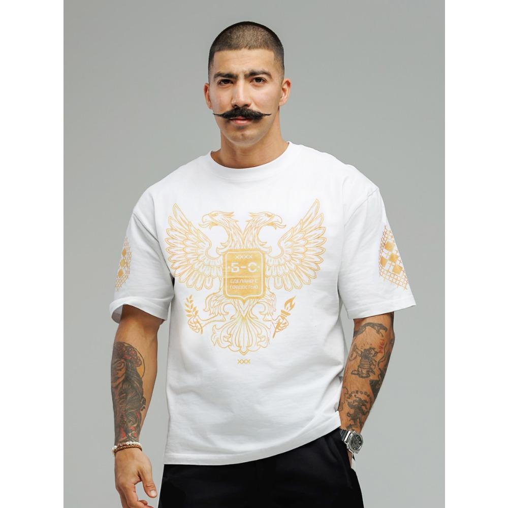 Men s Casual Round Neck Short Sleeved T-shirt with Handsome and Cool Double Headed Eagle Print, a Must Have for Fashionable Men S белый