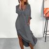 Summer Beach Dress Women Loose Fit V Neck Lapel Midi Dress Solid Color with Pockets Side Split Thin Holiday Shirt Dress