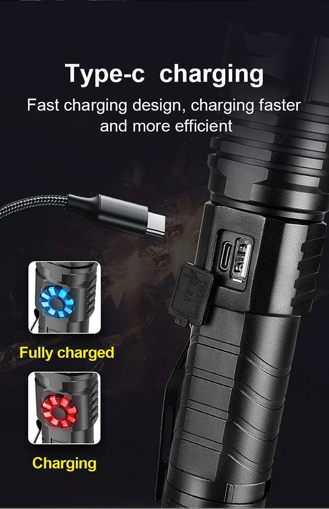 USB Rechargeable LED XHP99 8000 Lumens Tactical Flashlight with 4 Modes of Stepless Powerful Handheld Torch Light for and Emergency Situations