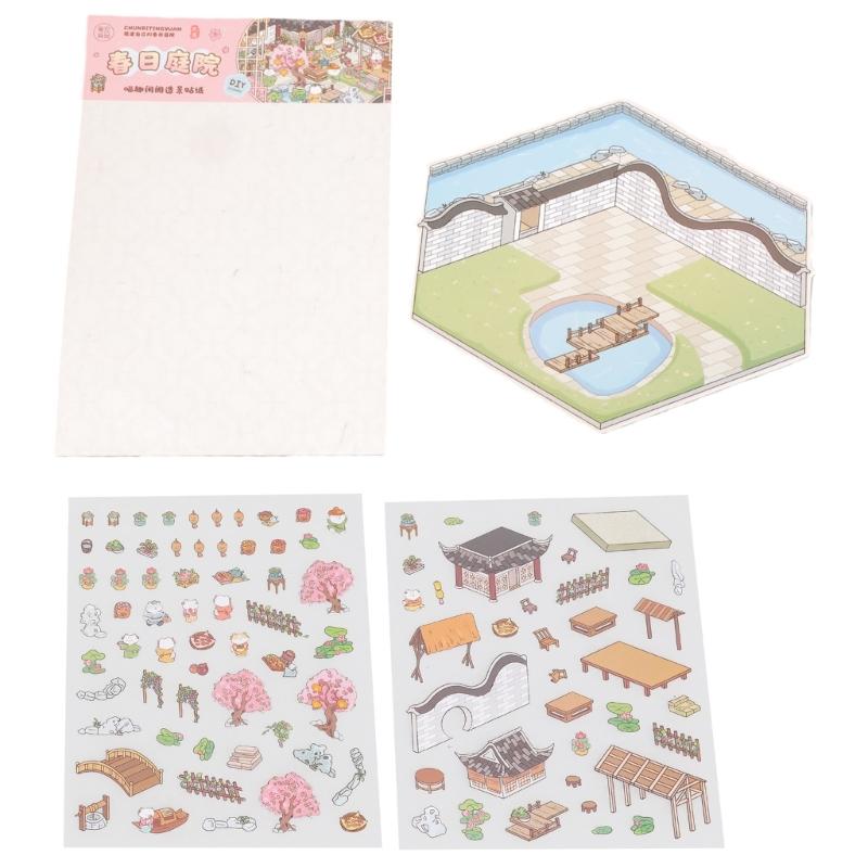 Retro Courtyard Decorative Sticker Chinese Style Landscape Sticker 3D Scene Sticker Journal Supplies Gift for Kid Child