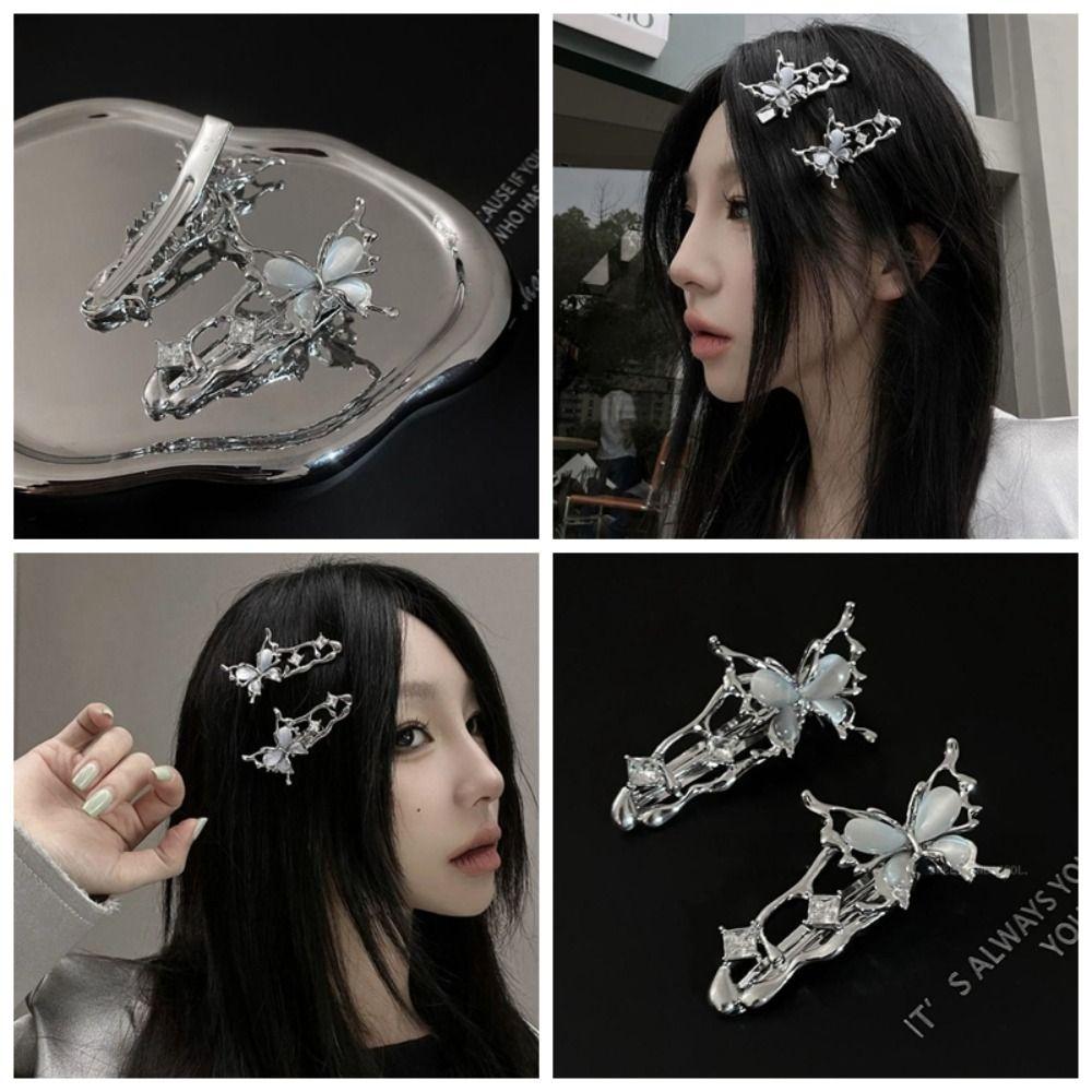 Irregular Harajuku Hair Clips Butterfly Zircon Silver Bang Clip INS Y2K Liquid Metal Hairpin  Girl