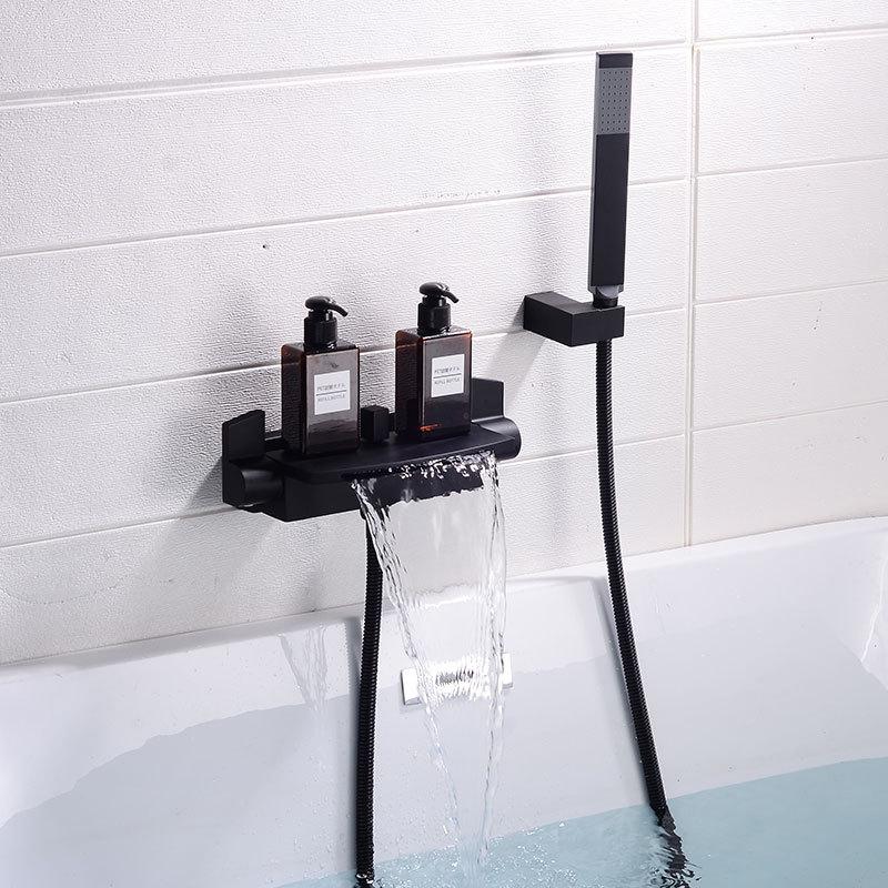 Brushed Gold Bath and Shower Faucet Set Wall Mounted Brass Gray Waterfall Bathtub and Shower Mixer Black Bathroom Taps Brass
