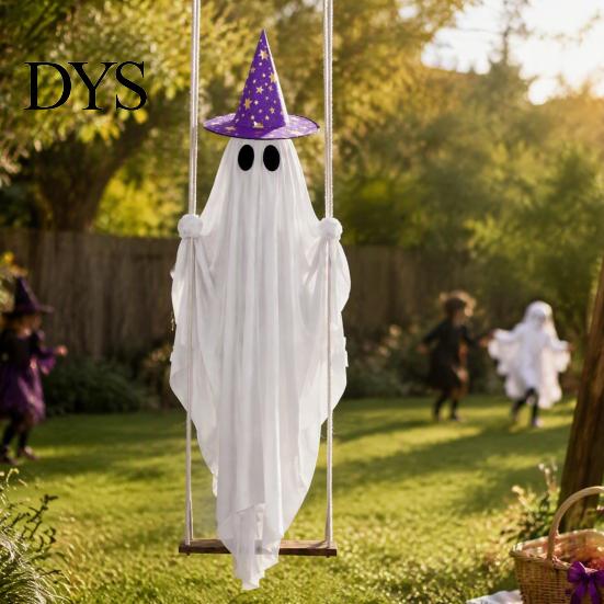 Ghost Decor with Hat Halloween Swing 2 Hats, Ornament LED Creepy String Light, Remote Control Glowing Hanging for Tree Porch Garden Swinging Pendant