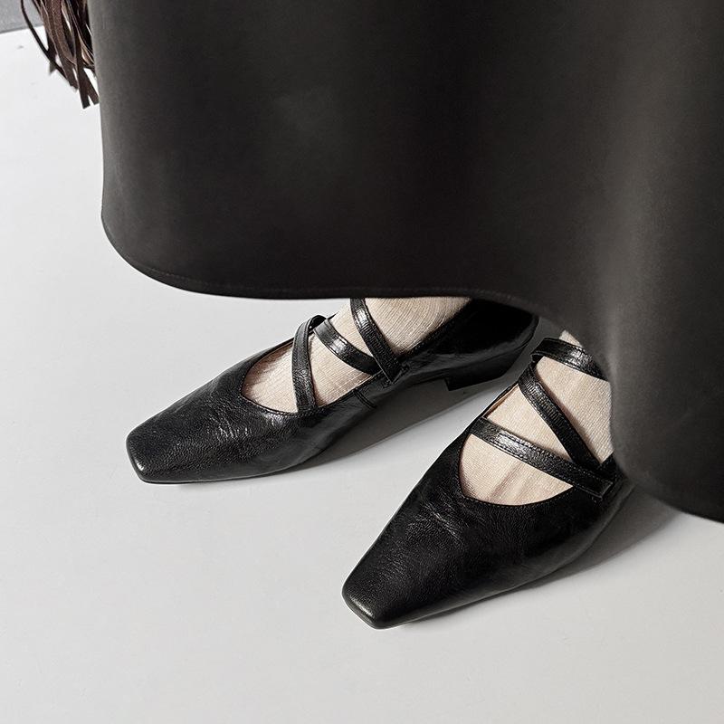The Same Retro Mary Jane Single Shoes Women's 2025 Spring New Flat Bottom Square Head Buckle Belt Leather Women's Shoes