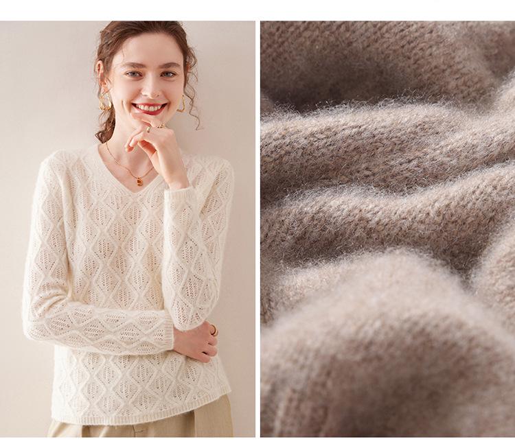Women’s Heavy Knit Wool V-Neck Sweater – Long Sleeve, Loose Fit, Cashmere Blend, Age-Defying Style