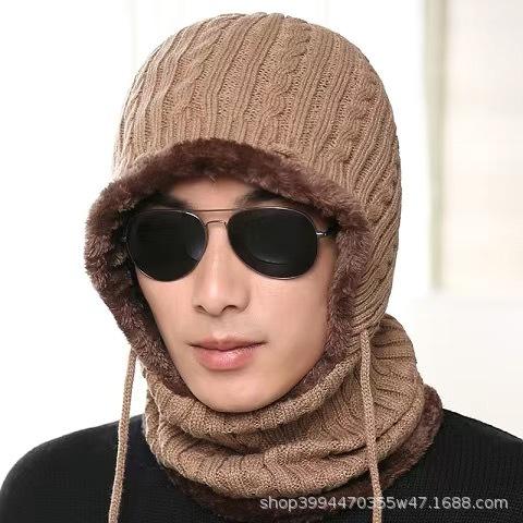 Winter Hat Men's Cold-proof Cycling Hat Fleece Warm Knitted Hat Wool Hat Scarf One-piece Sweater Ear Hat Women
