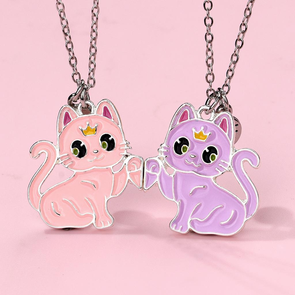 2pcs Set Cute Cartoon Colorful Crown Kitten Magnetic Attraction Pendant Necklace for Girl Child Women Friends Jewelry Sets Gifts