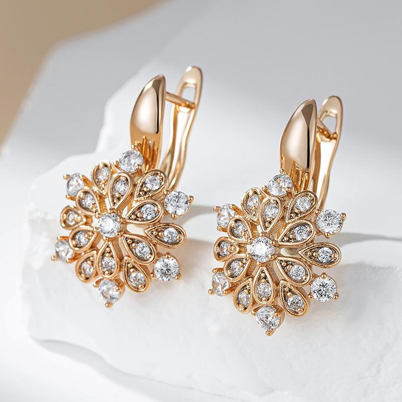 Rose Gold Color Crystal Flower Dangle Earrings For Women Shiny Natural Zircon Ethnic Bride Wedding Fine Jewelry