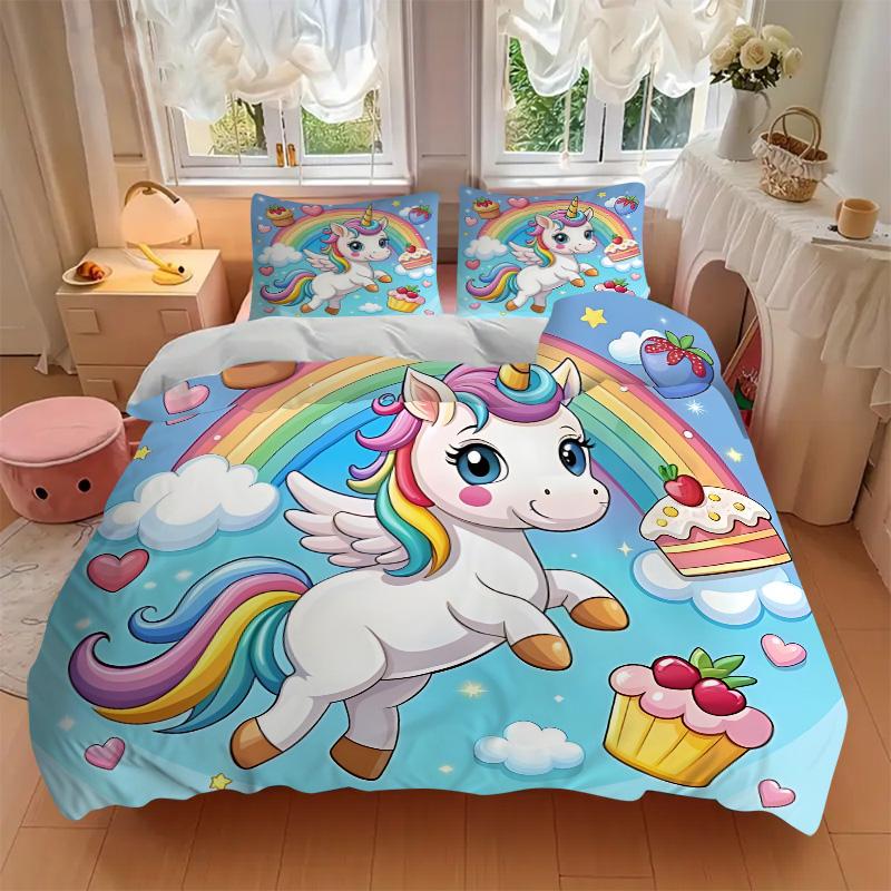 Rainbow Unicorn Fantasy Print 3Pcs Bedding Setduvet Cover With 2 Bedropillowcase Home Birthday Gift